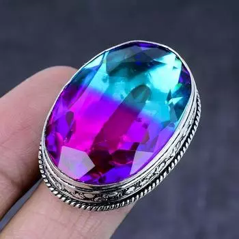 Кольцо из серебра 925 пробы с натуральным двухцветным турмалином ручной работы S.7 m9N65