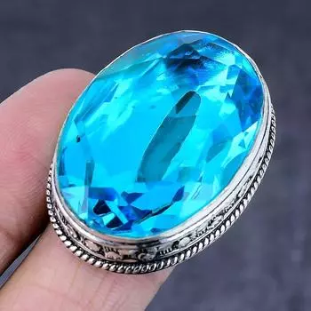 Кольцо из серебра 925 пробы с натуральным швейцарским голубым топазом ручной работы, размер 7 p2v22
