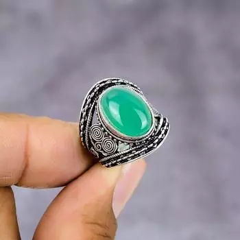 Кольцо из серебра 925 пробы с натуральным зеленым ониксом, размер 6, ручная работа t9z96