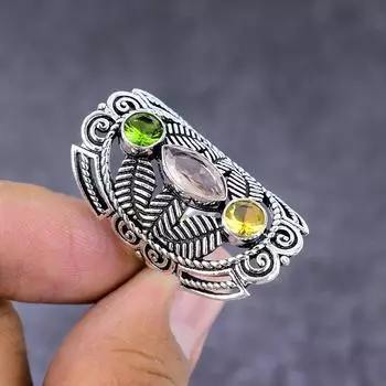 Кольцо из серебра 925 пробы с натуральным морганитом, цитрином, размер 6, y0p10