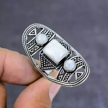 Кольцо из серебра 925 пробы с натуральным радужным лунным камнем ручной работы S.11 D0g45