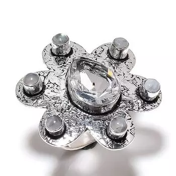 Кольцо из серебра 925 пробы с натуральным радужным лунным камнем, топазом, размер 8 V4A37