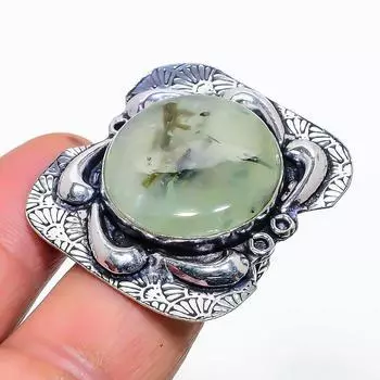 Кольцо из серебра 925 пробы с натуральным пренитом, размер 10, ручная работа U6q79