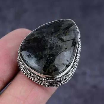 Кольцо из серебра 925 пробы с натуральным черным рутилом, размер 10 f9M16
