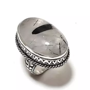 Кольцо из серебра 925 пробы с натуральным черным рутилом, размер 7 I2m51