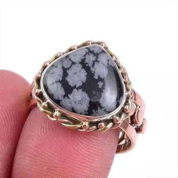 Кольцо из серебра 925 пробы с натуральным обсидианом в виде снежинки, двухцветное, S.8 B3R84