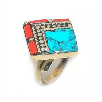 Кольцо из серебра 925 пробы с тибетской бирюзой и кораллом, размер регулируется z4d65