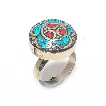 Кольцо из серебра 925 пробы с тибетской бирюзой и кораллом, размер регулируется O2c71