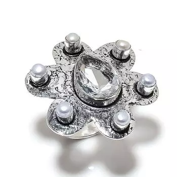 Кольцо из серебра 925 пробы с речным жемчугом и топазом, размер 10, подарочное, ручной работы M9S52