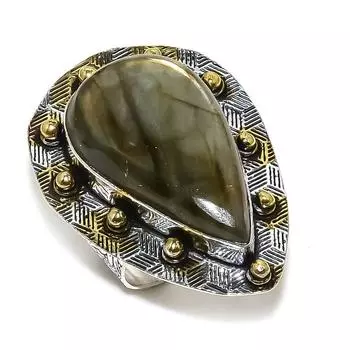 Кольцо из серебра 925 пробы с натуральным лабрадоритом, двухцветное, размер 8,5 S4k95