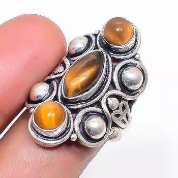 Кольцо из серебра 925 пробы с натуральным тигровым глазом, размер 6 o3W18