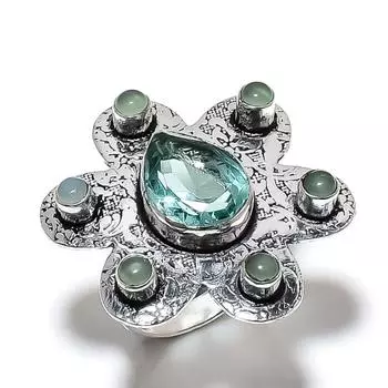 Кольцо из серебра 925 пробы с акваапатитом и пренитом, размер 8, B5d62