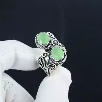 Кольцо из серебра 925 пробы с зеленым халцедоном, регулируемое — подходит для размеров США от 6 до 10 — антикварные украшения ручной работы в стиле бохо для женщин и мужчин, подарки на День святого Валентина Adjustable зелёный
