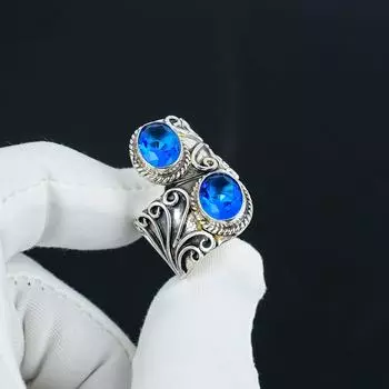 Кольцо из серебра 925 пробы с голубым топазом, регулируемое — подходит для размеров США от 6 до 10 — старинные украшения ручной работы в стиле бохо с голубым топазом для женщин и мужчин, подарки на День святого Валентина Adjustable синий