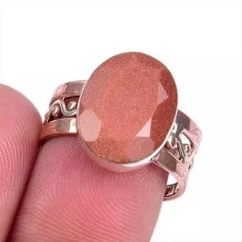 Кольцо из серебра 925 пробы с натуральным солнечным камнем, двухцветное, размер 7 Q3o27