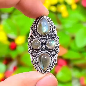 Кольцо из серебра 925 пробы с драгоценным камнем лабрадорит, размер 8 F1e32