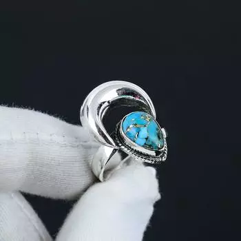 Кольцо из серебра 925 пробы с голубой медью и бирюзой, регулируемое — подходит для размеров США от 6 до 10 — украшения ручной работы в стиле бохо для женщин и мужчин, подарки на День святого Валентина Adjustable синий