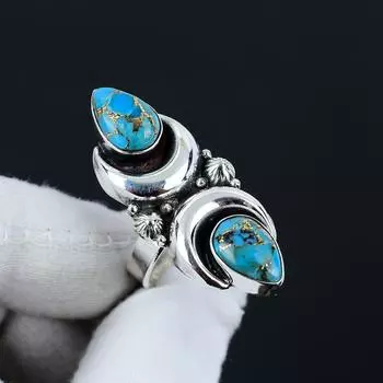 Кольцо из серебра 925 пробы с медно-бирюзовым покрытием, регулируемое — подходит для размеров США от 6 до 10 — украшения ручной работы в стиле бохо для женщин и мужчин, подарки на День святого Валентина Adjustable синий