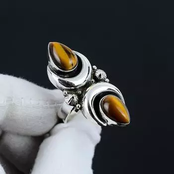 Кольцо из серебра 925 пробы с тигровым глазом, регулируемое по размеру — подходит для размеров США от 6 до 10 — украшения ручной работы в стиле бохо для женщин и мужчин, подарки на День святого Валентина Adjustable коричневый