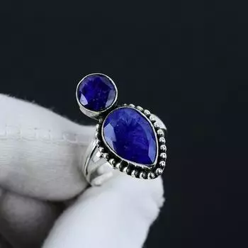 Кольцо из серебра 925 пробы с синим сапфиром, регулируемое — подходит для размеров США от 6 до 10 — украшения ручной работы в стиле бохо для женщин и мужчин, подарки на День святого Валентина Adjustable синий