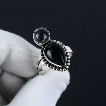 Кольцо из серебра 925 пробы с черным ониксом и черным рутилом, регулируемое — подходит для размеров США от 6 до 10 — украшения ручной работы в стиле бохо для женщин и мужчин, подарки на День святого Валентина Adjustable чёрный