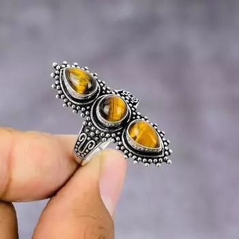 Кольцо из серебра 925 пробы с натуральным тигровым глазом, размер 9,5, p5T88