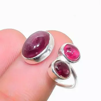 Кольцо из серебра 925 пробы с натуральным тройным розовым турмалином, размер 7, подарок 7 US