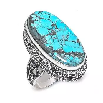 Кольцо из серебра 925 пробы с натуральной тибетской бирюзой, размер 9,5 R9p15