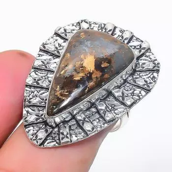 Кольцо из серебра 925 пробы с натуральным бронзитом, размер 7, T4O97