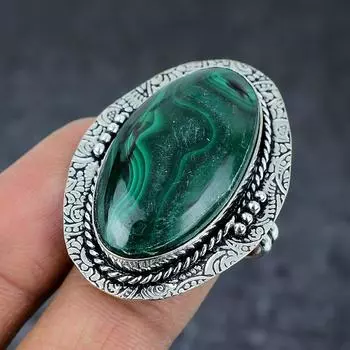 Кольцо из серебра 925 пробы с натуральным малахитом, размер 6, r2g52