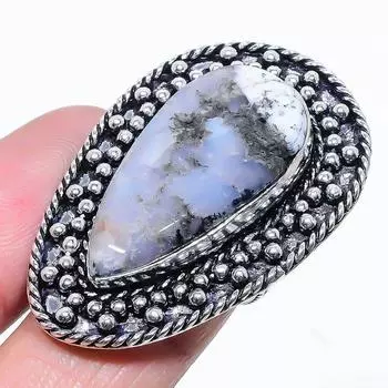 Кольцо из серебра 925 пробы с натуральным опалом и дендритом, размер 8, k6L99