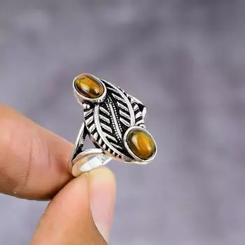 Кольцо из серебра 925 пробы с натуральным тигровым глазом, размер 7,5 f8a28