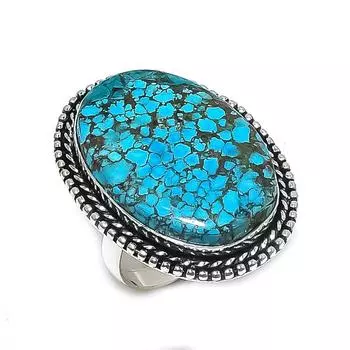 Кольцо из серебра 925 пробы с натуральным тибетским бирюзовым камнем, размер 9 f7i14