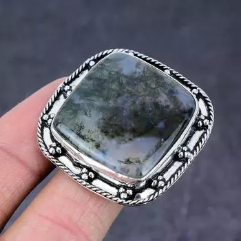 Кольцо из серебра 925 пробы с драгоценным камнем моховой агат, размер 9, V6e34