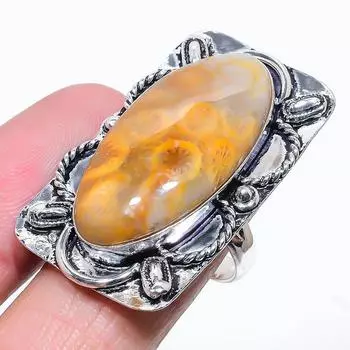 Кольцо из серебра 925 пробы с натуральным ископаемым кораллом, размер 6, b1T84