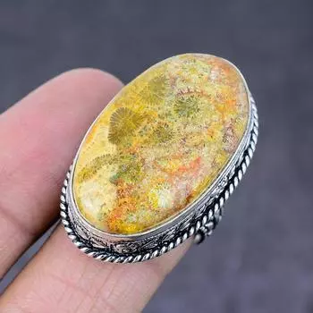 Кольцо из серебра 925 пробы с драгоценным камнем из ископаемого коралла, размер 7,5 y5j98