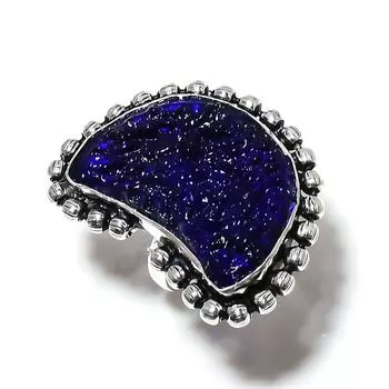 Кольцо из серебра 925 пробы с натуральным синим молдавитом, размер 9, ручная работа R6P72