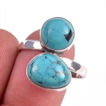 Кольцо из серебра 925 пробы с натуральным тибетским бирюзовым камнем S.9.5 D3y51
