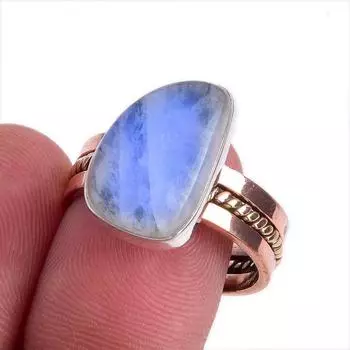 Кольцо из серебра 925 пробы с натуральным радужным лунным камнем, двухцветное, размер 9 q4m73