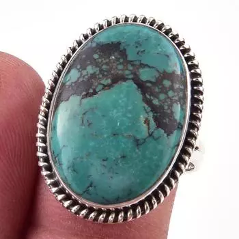 Кольцо из серебра 925 пробы с натуральным тибетским драгоценным камнем бирюзой, размер 9 e6D88