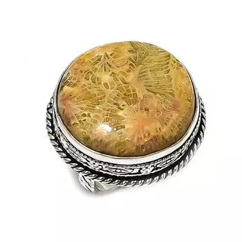 Кольцо из серебра 925 пробы с драгоценным камнем из ископаемого коралла, размер 8, b9F23