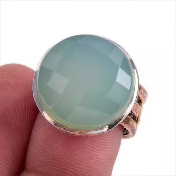 Кольцо из серебра 925 пробы с натуральным аквамариновым халцедоном, двухцветное, размер 6,5 e2e79