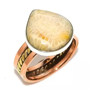 Кольцо из серебра 925 пробы с натуральным ископаемым кораллом, двухцветное, S.10 t8I85