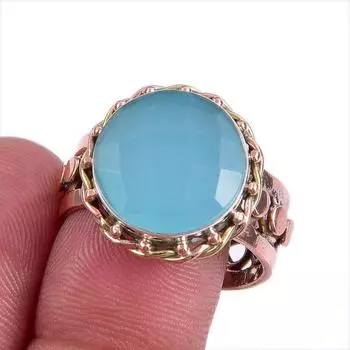 Кольцо из серебра 925 пробы с натуральным аквамариновым халцедоном, двухцветное, размер 9,5 M8b91