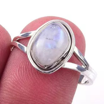 Кольцо из серебра 925 пробы с натуральным радужным лунным камнем ручной работы, размер 9 W4R11