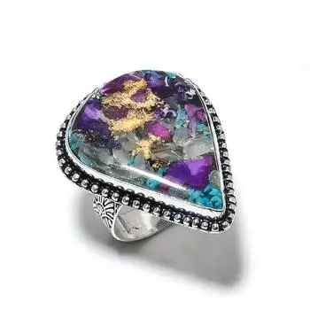 Кольцо из серебра 925 пробы с натуральным колючим камнем-устрицей, размер 8, v9k87