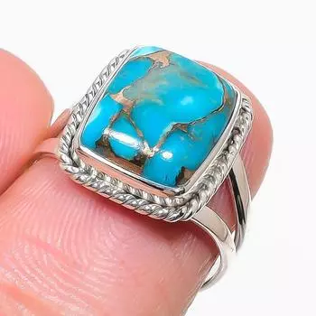 Кольцо из серебра 925 пробы с натуральным бирюзовым медным драгоценным камнем S.7 C8J55