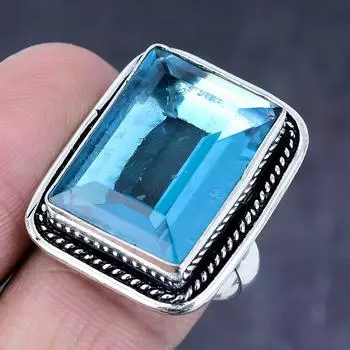 Кольцо из серебра 925 пробы с натуральным швейцарским голубым топазом ручной работы, размер 8,5 E0f27