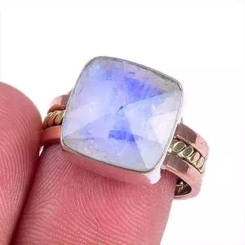 Кольцо из серебра 925 пробы с натуральным радужным лунным камнем, двухцветное, размер 7 Q8c36