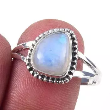 Кольцо из серебра 925 пробы с натуральным радужным лунным камнем ручной работы S.10 E4R54
